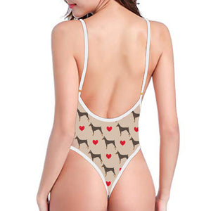 Love Dobermann Pattern Print One Piece High Cut Swimsuit