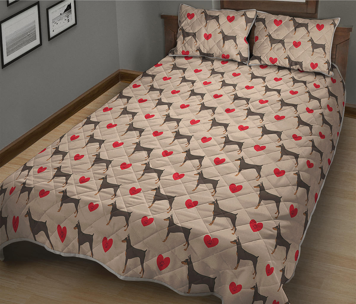 Love Dobermann Pattern Print Quilt Bed Set