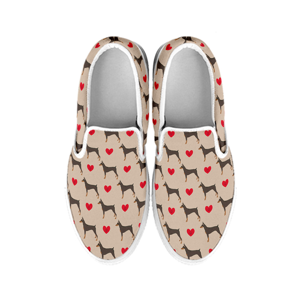 Love Dobermann Pattern Print White Slip On Shoes