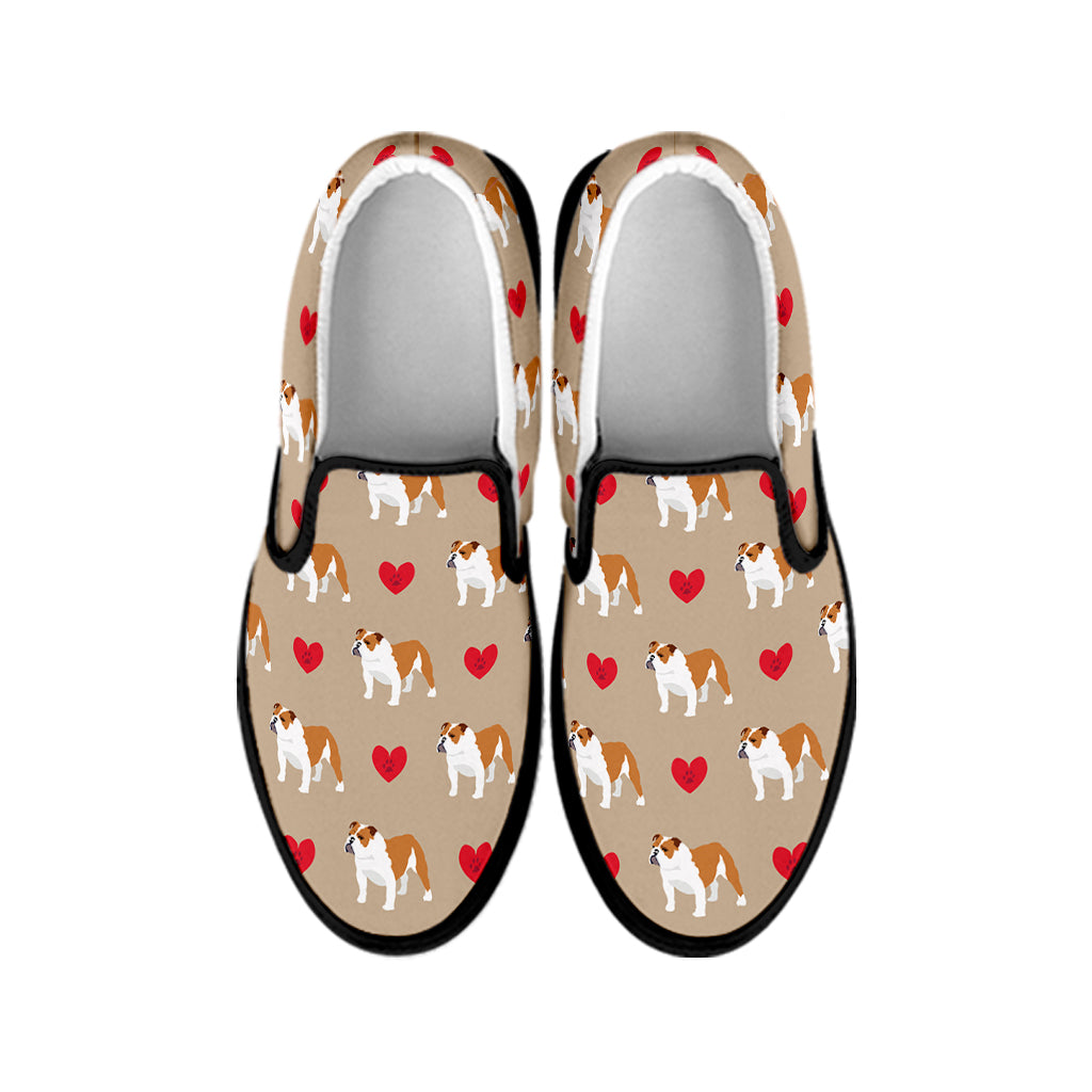 Love English Bulldog Pattern Print Black Slip On Shoes