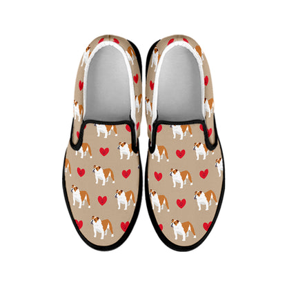 Love English Bulldog Pattern Print Black Slip On Shoes