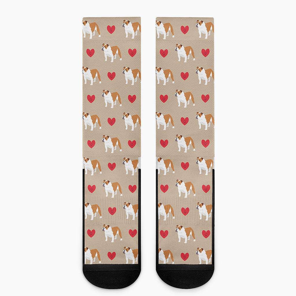 Love English Bulldog Pattern Print Crew Socks