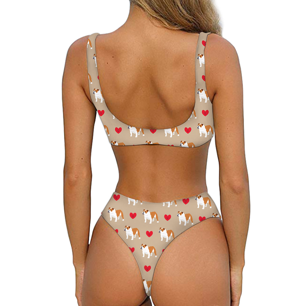 Love English Bulldog Pattern Print Front Bow Tie Bikini
