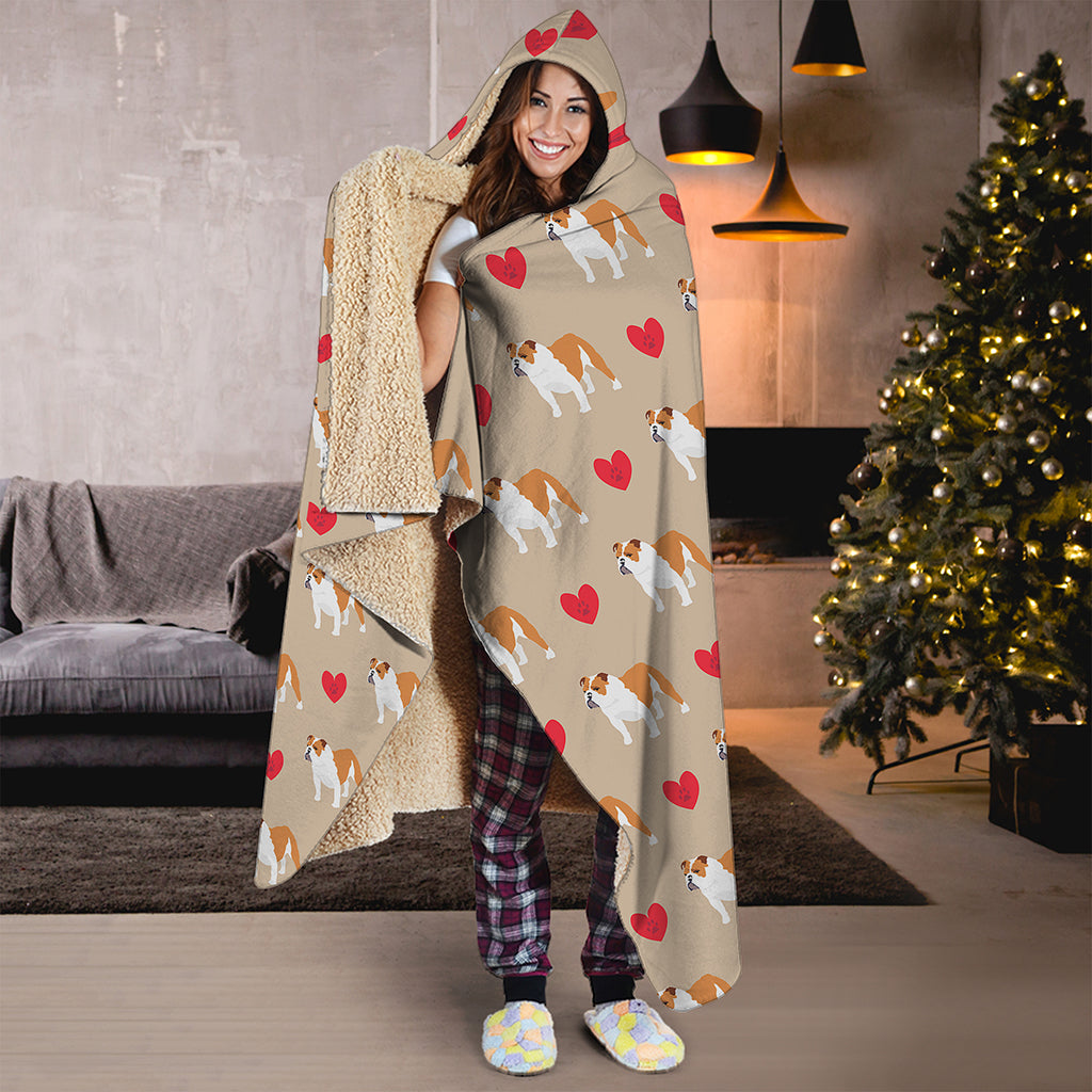 Love English Bulldog Pattern Print Hooded Blanket
