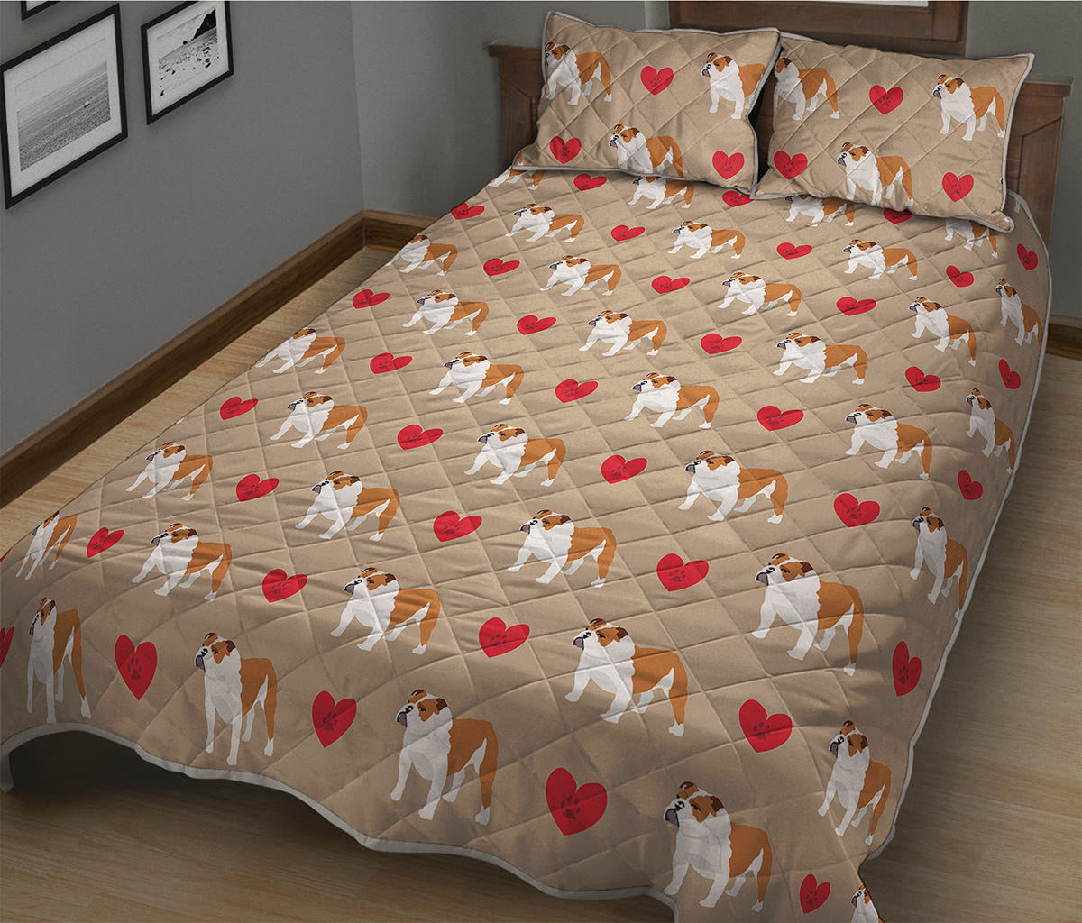 Love English Bulldog Pattern Print Quilt Bed Set