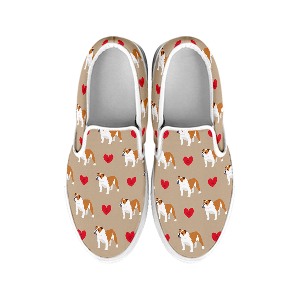 Love English Bulldog Pattern Print White Slip On Shoes