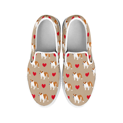 Love English Bulldog Pattern Print White Slip On Shoes