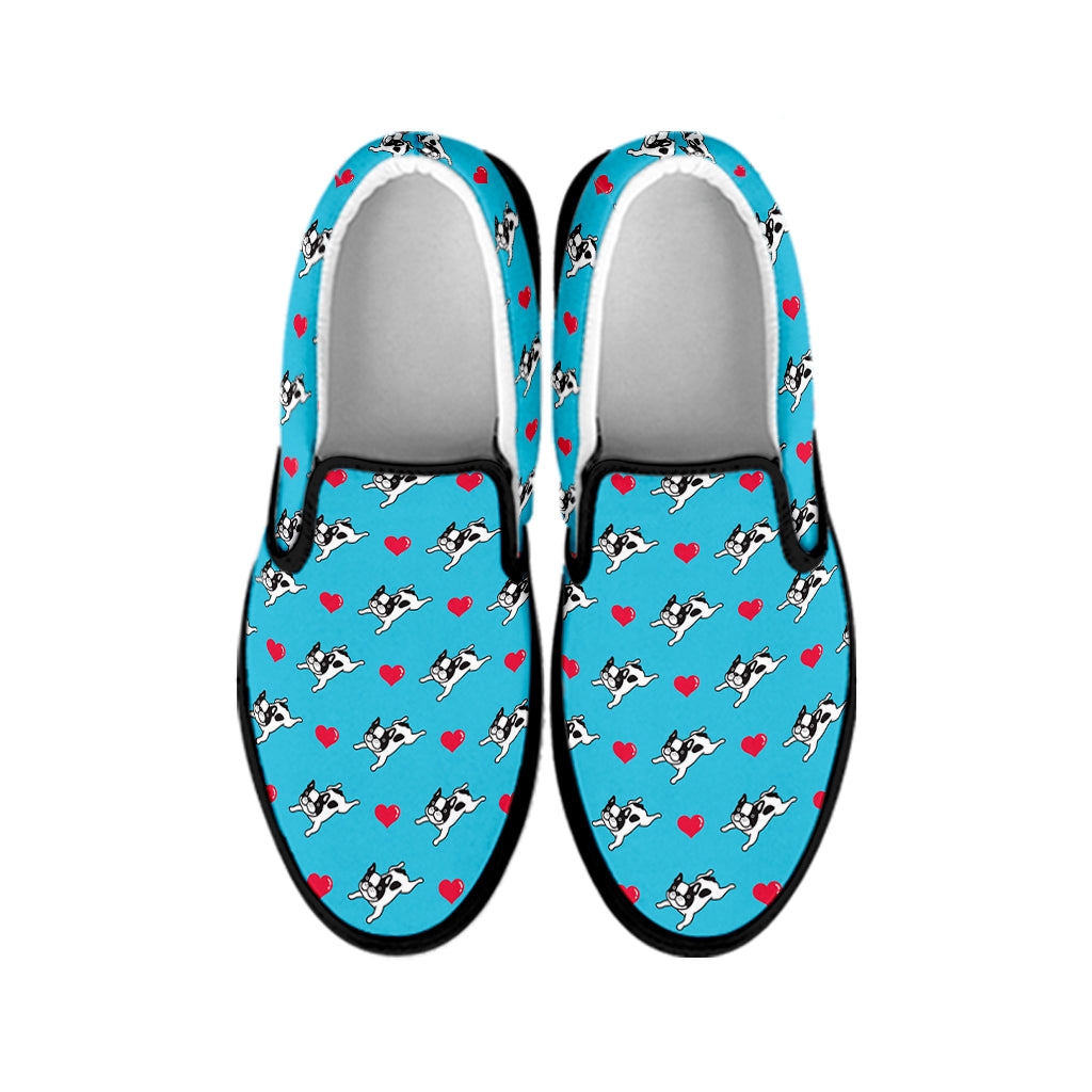 Love French Bulldog Pattern Print Black Slip On Shoes