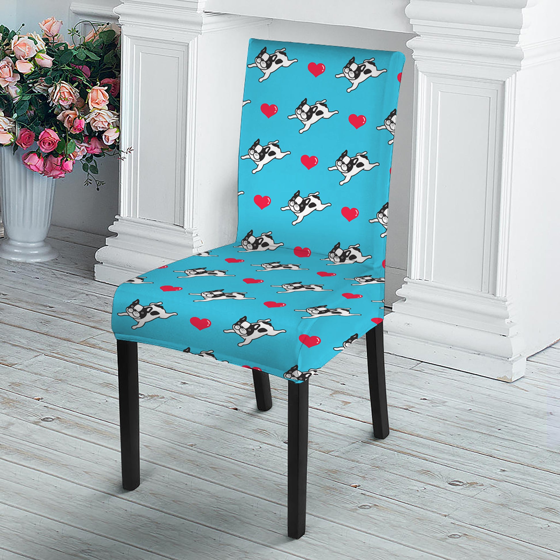 Love French Bulldog Pattern Print Dining Chair Slipcover