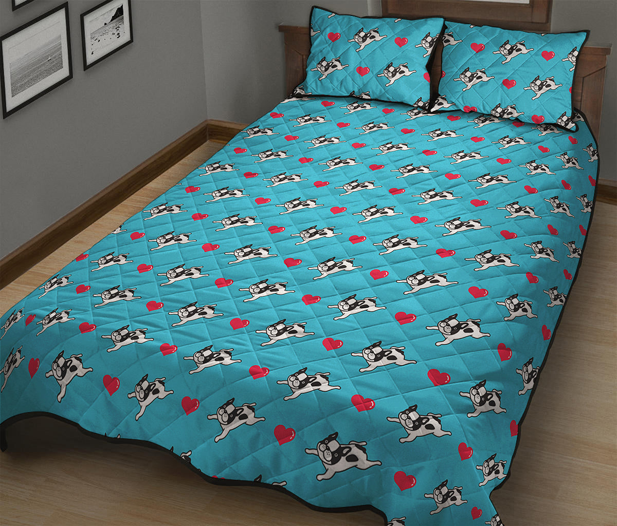 Love French Bulldog Pattern Print Quilt Bed Set