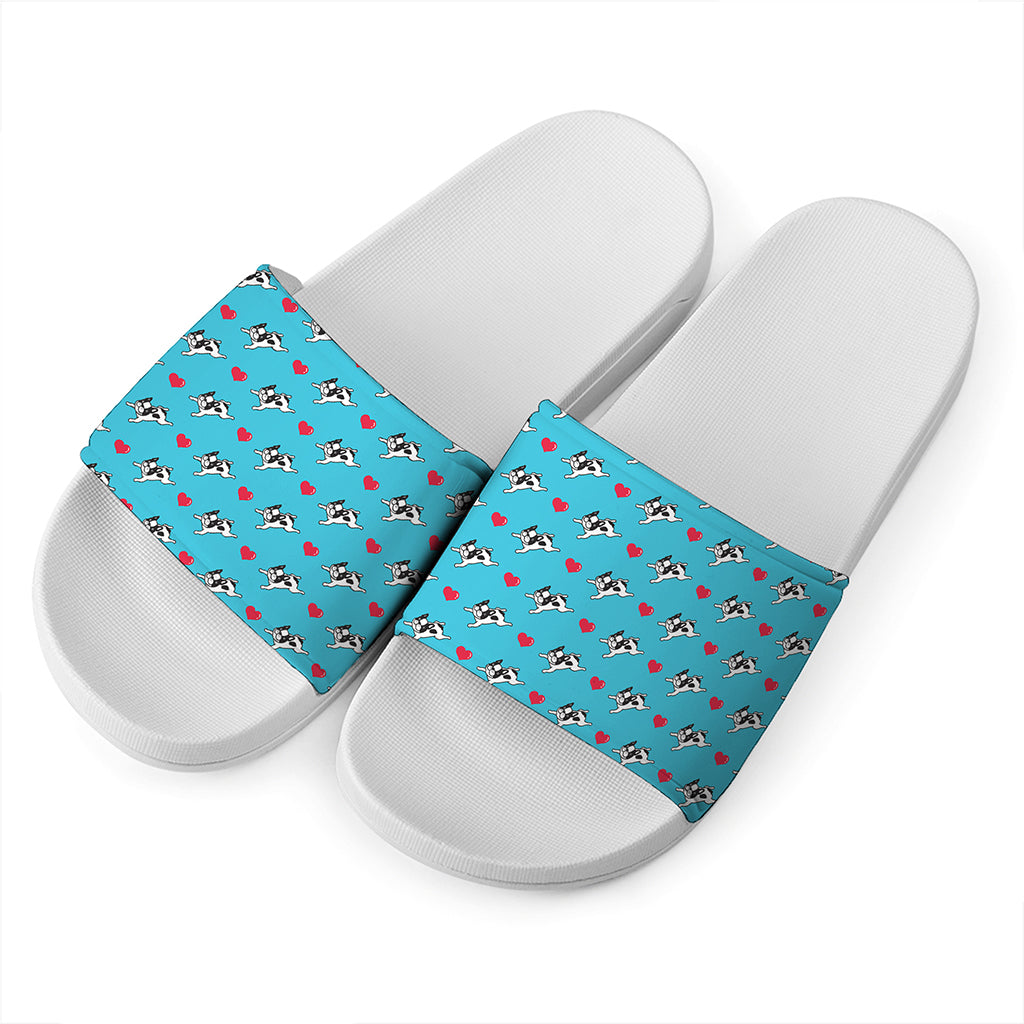 Love French Bulldog Pattern Print White Slide Sandals