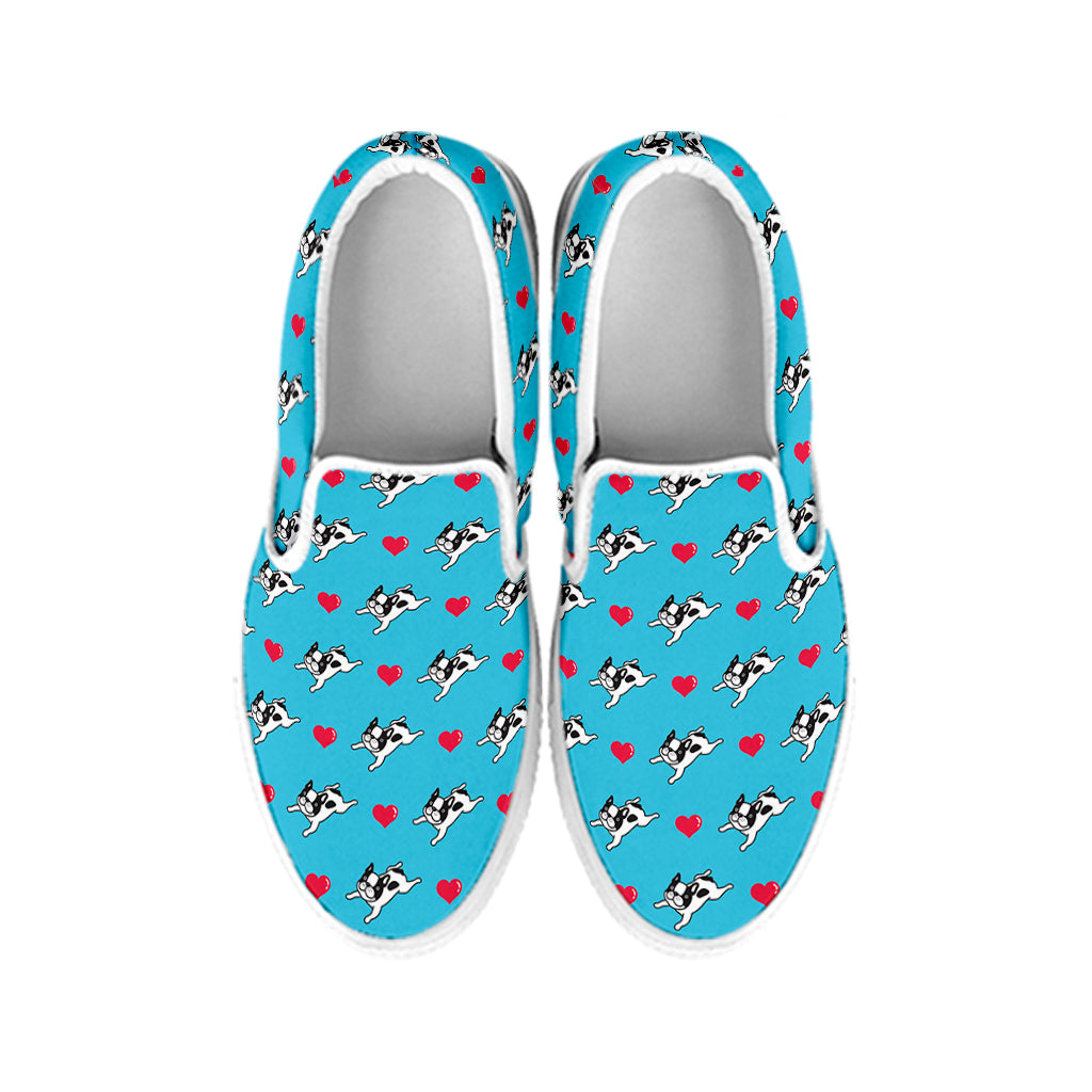 Love French Bulldog Pattern Print White Slip On Shoes