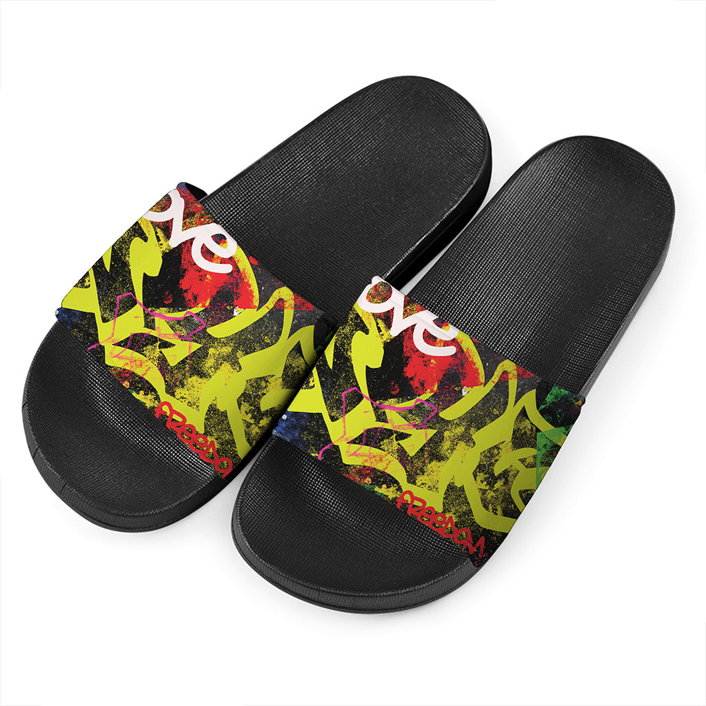 Love NYC Graffiti Print Black Slide Sandals