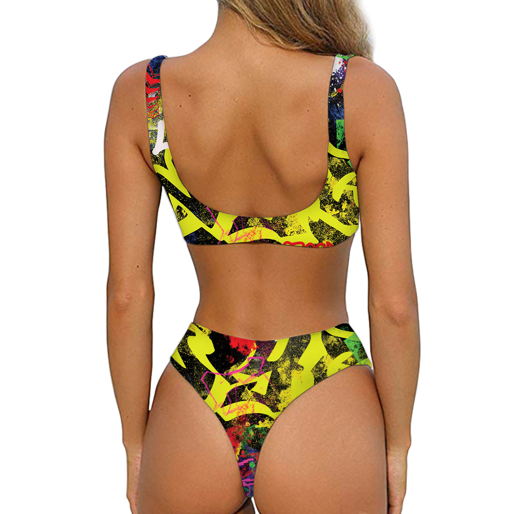 Love NYC Graffiti Print Front Bow Tie Bikini