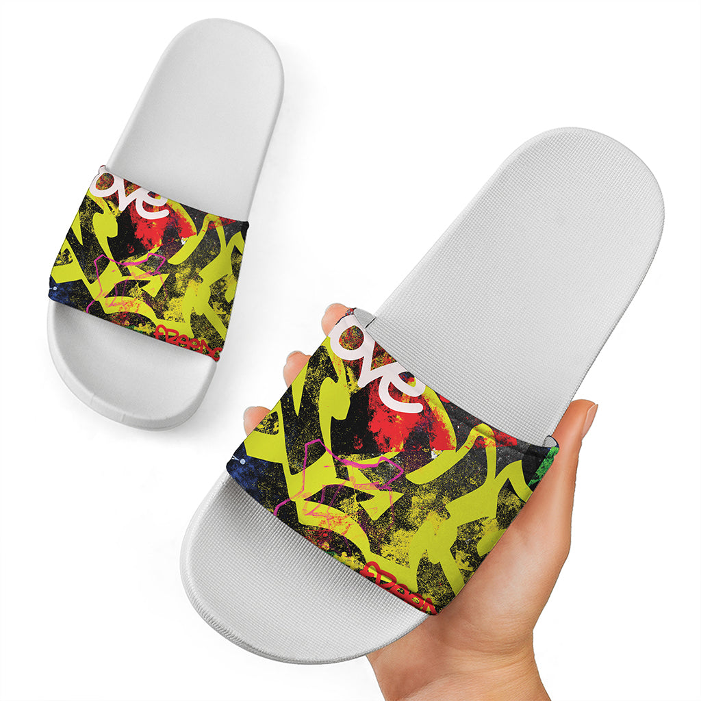 Love NYC Graffiti Print White Slide Sandals
