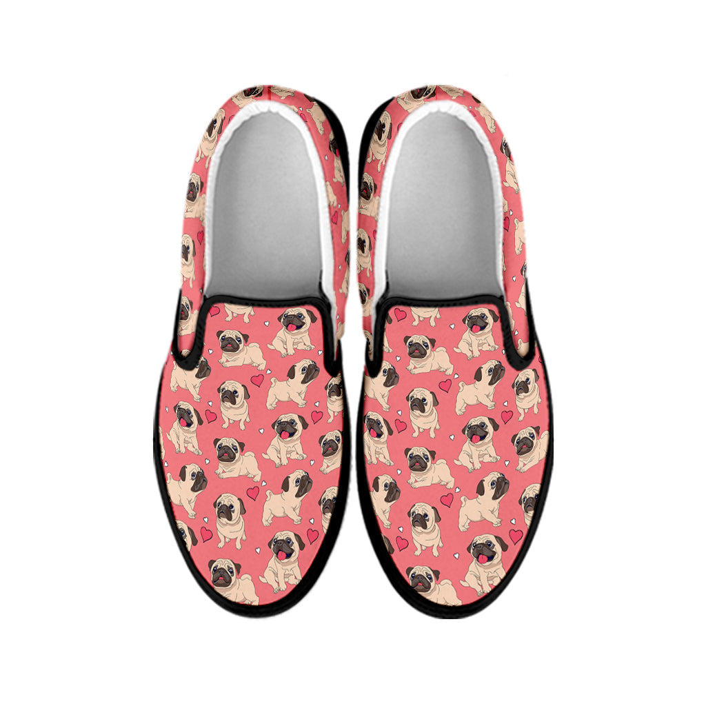 Love Pug Pattern Print Black Slip On Shoes