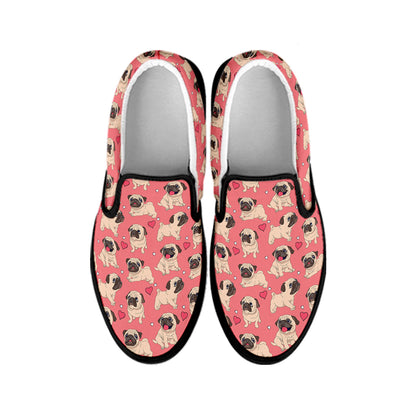 Love Pug Pattern Print Black Slip On Shoes