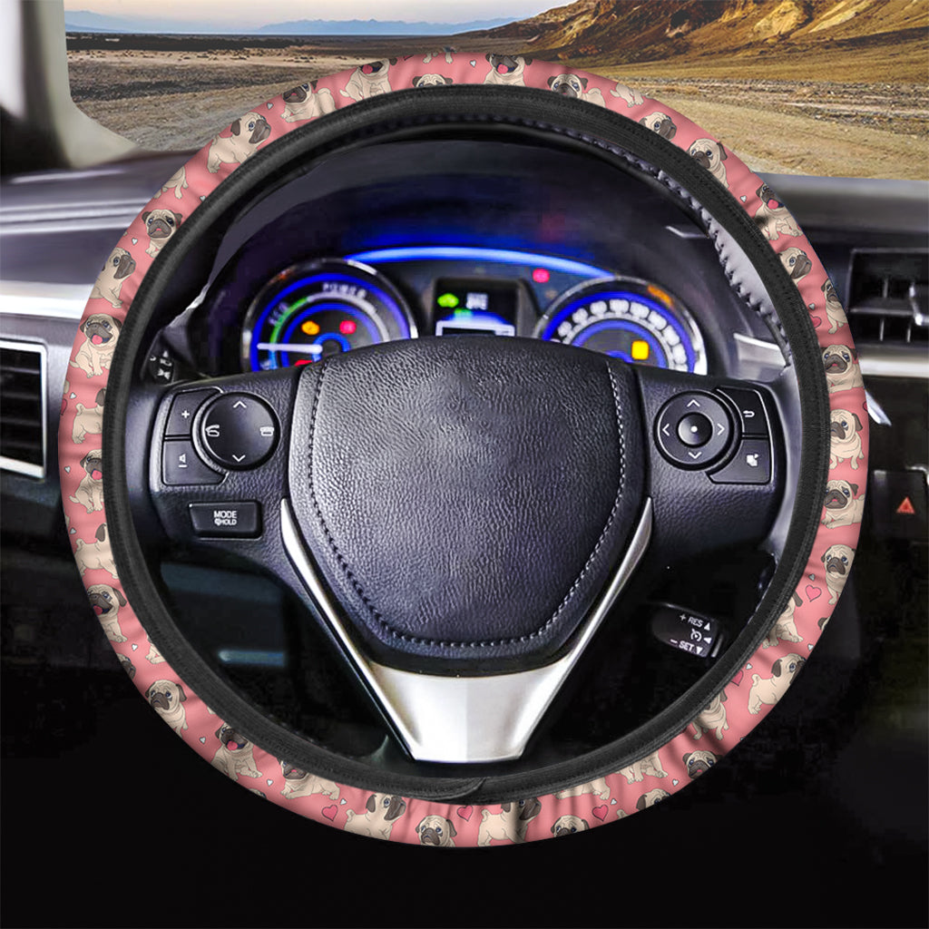 Love Pug Pattern Print Car Steering Wheel Cover