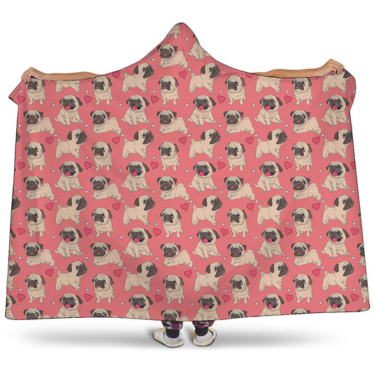 Love Pug Pattern Print Hooded Blanket