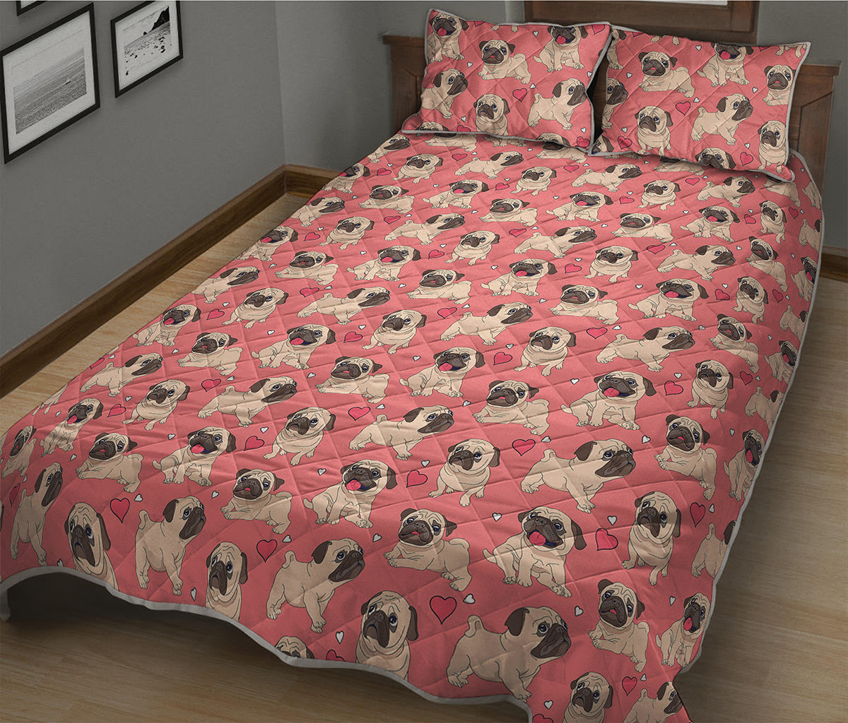 Love Pug Pattern Print Quilt Bed Set