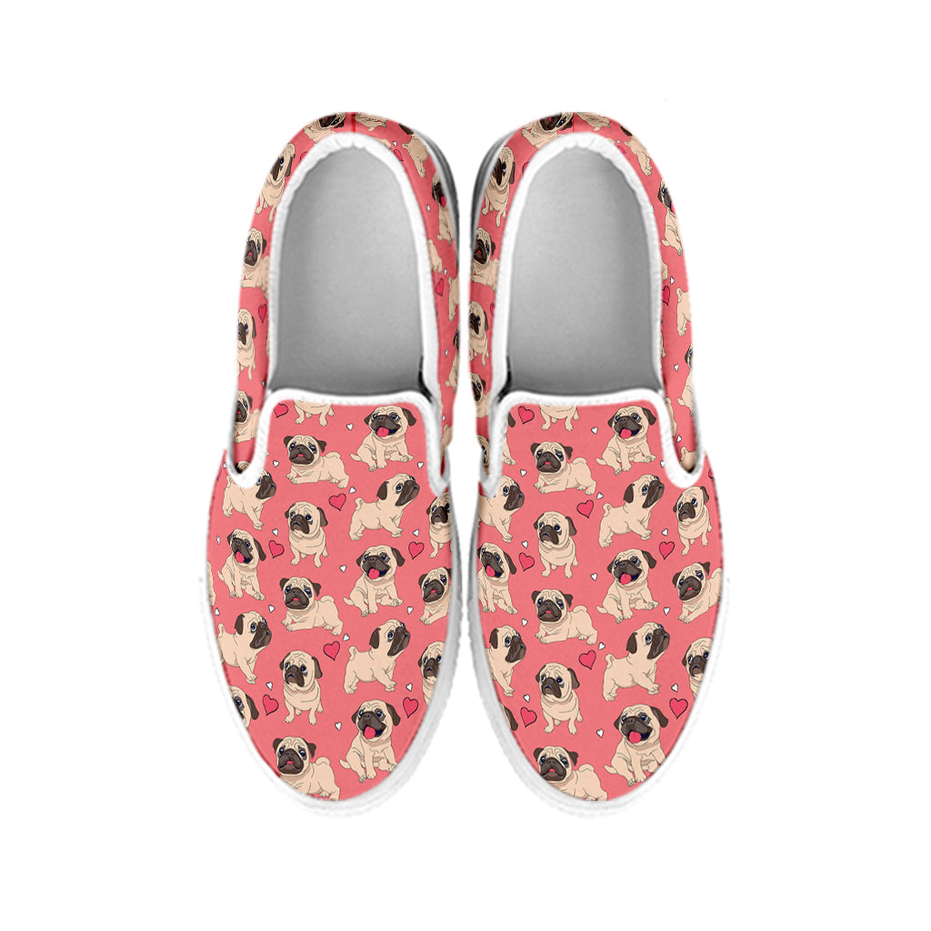 Love Pug Pattern Print White Slip On Shoes