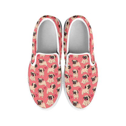 Love Pug Pattern Print White Slip On Shoes