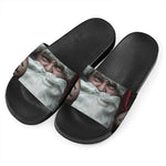Love Xmas Santa Claus Print Black Slide Sandals