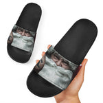 Love Xmas Santa Claus Print Black Slide Sandals