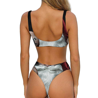 Love Xmas Santa Claus Print Front Bow Tie Bikini