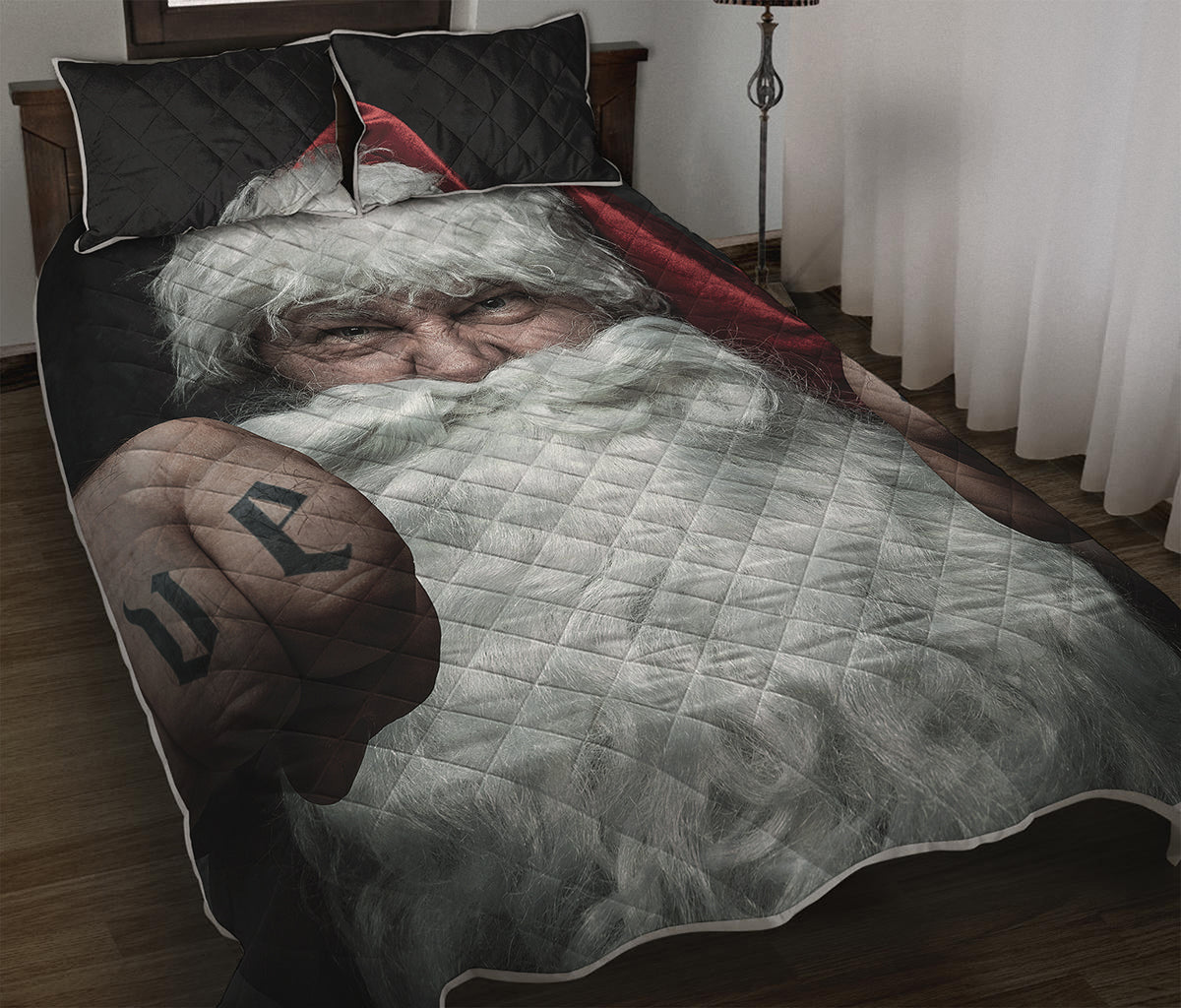 Love Xmas Santa Claus Print Quilt Bed Set
