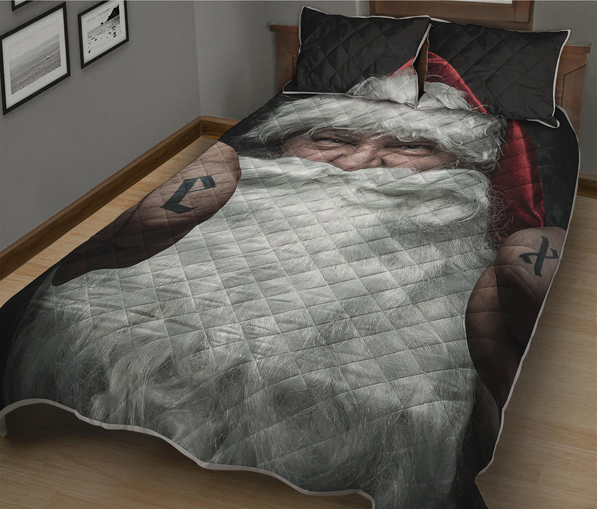 Love Xmas Santa Claus Print Quilt Bed Set