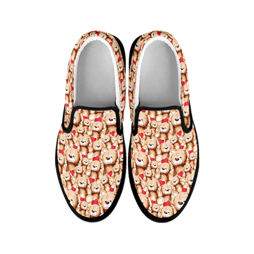 Lovely Teddy Bear Pattern Print Black Slip On Shoes