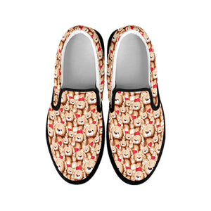 Lovely Teddy Bear Pattern Print Black Slip On Shoes