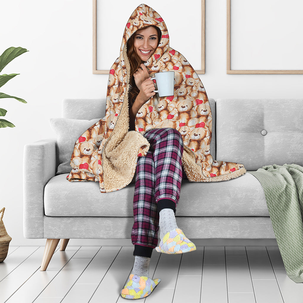 Lovely Teddy Bear Pattern Print Hooded Blanket
