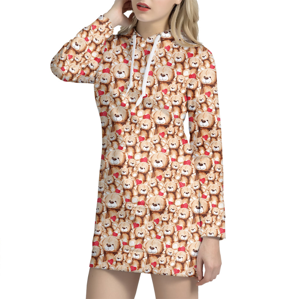 Lovely Teddy Bear Pattern Print Hoodie Dress