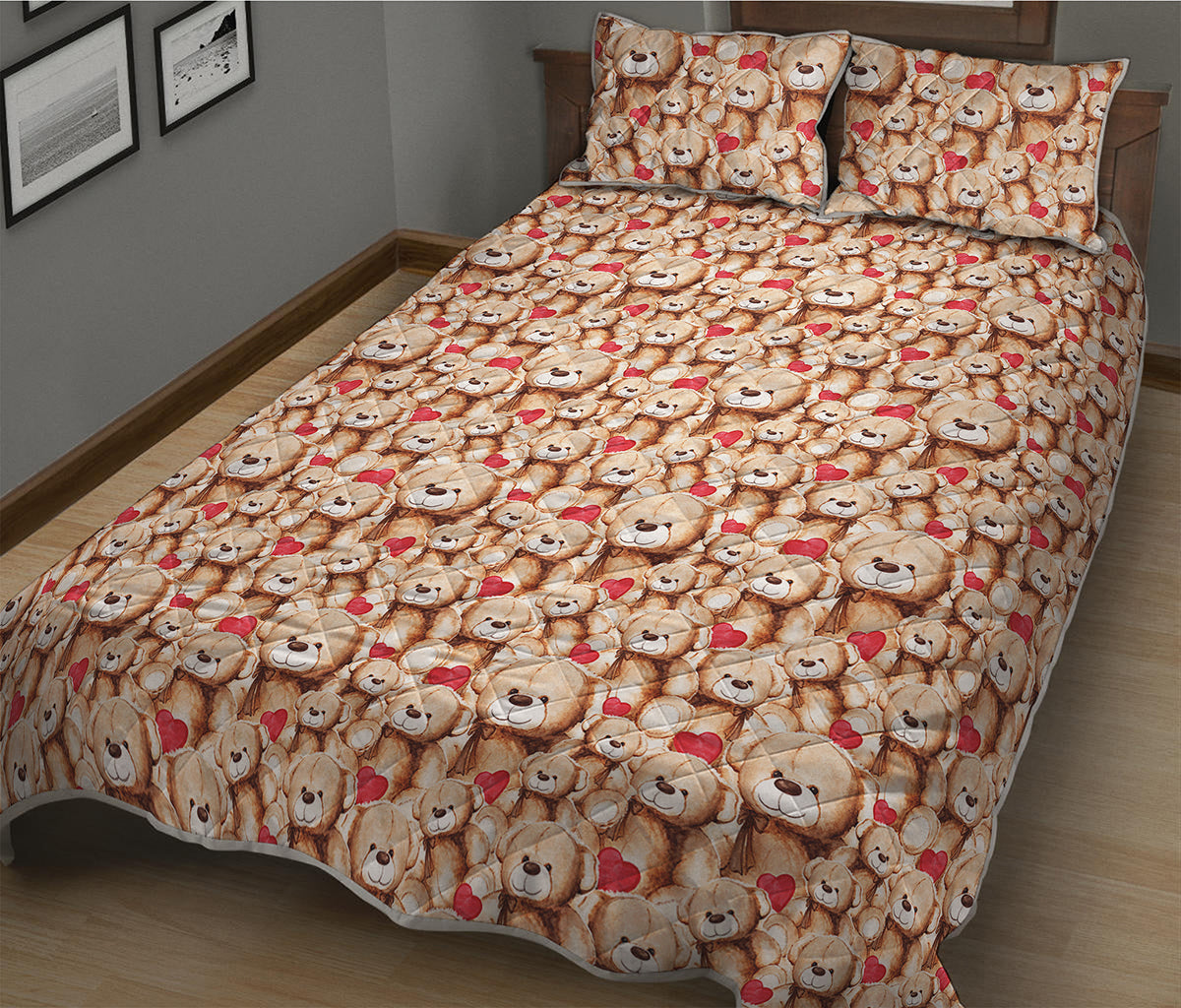 Lovely Teddy Bear Pattern Print Quilt Bed Set