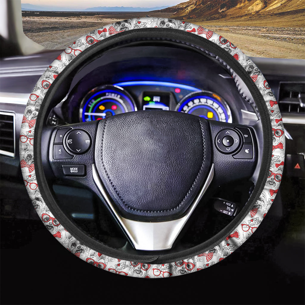 Lovely Yorkshire Terrier Pattern Print Car Steering Wheel Cover