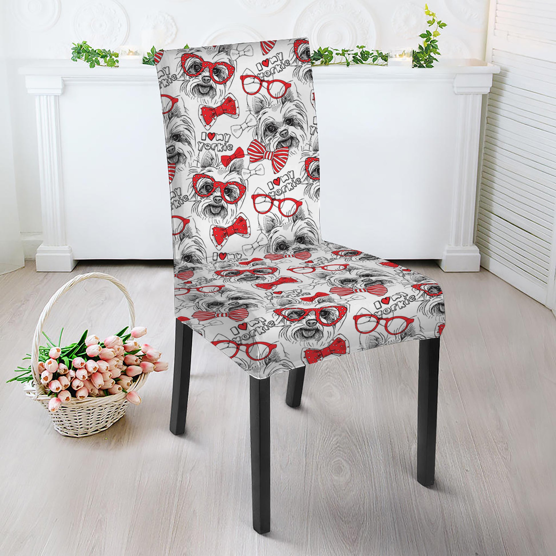 Lovely Yorkshire Terrier Pattern Print Dining Chair Slipcover
