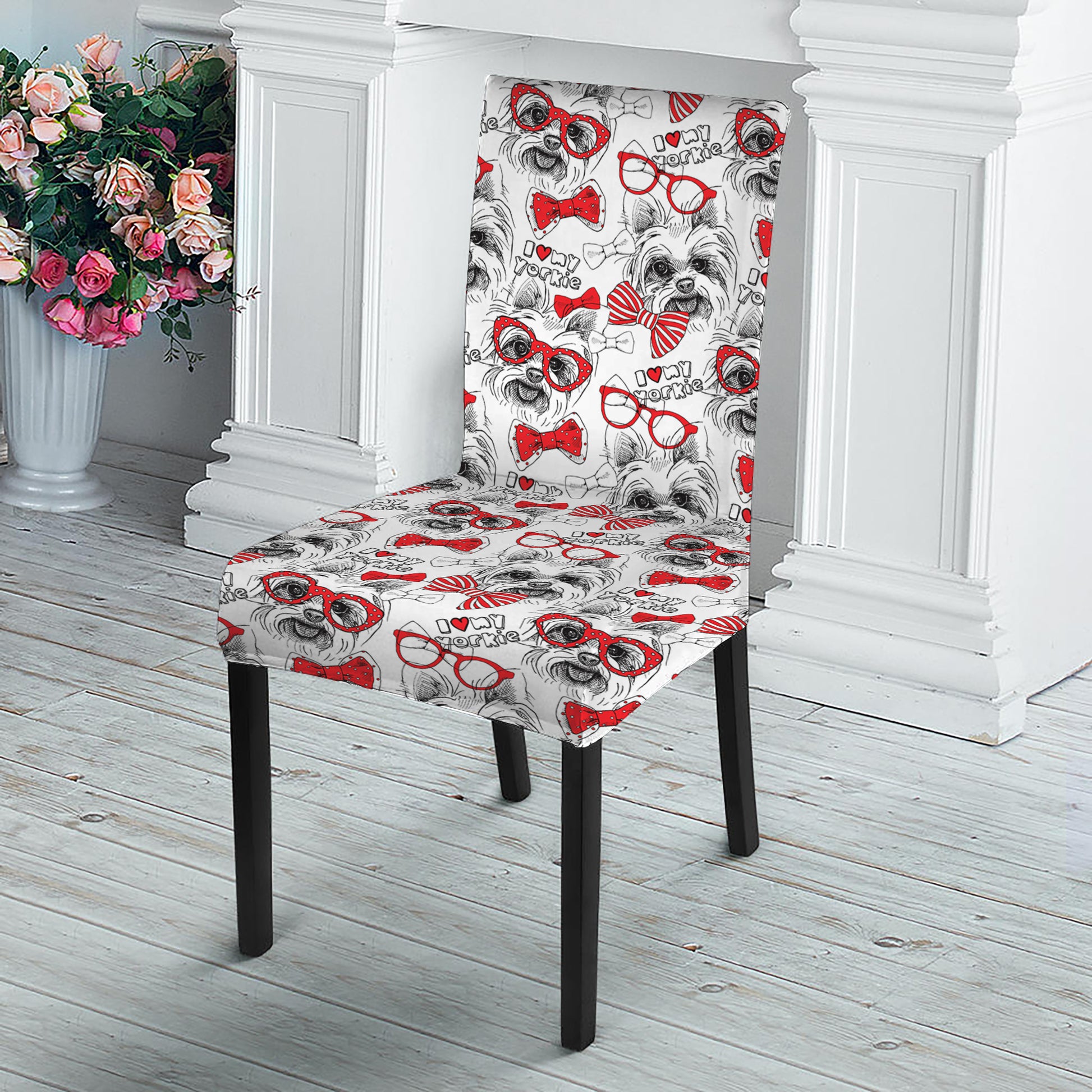 Lovely Yorkshire Terrier Pattern Print Dining Chair Slipcover