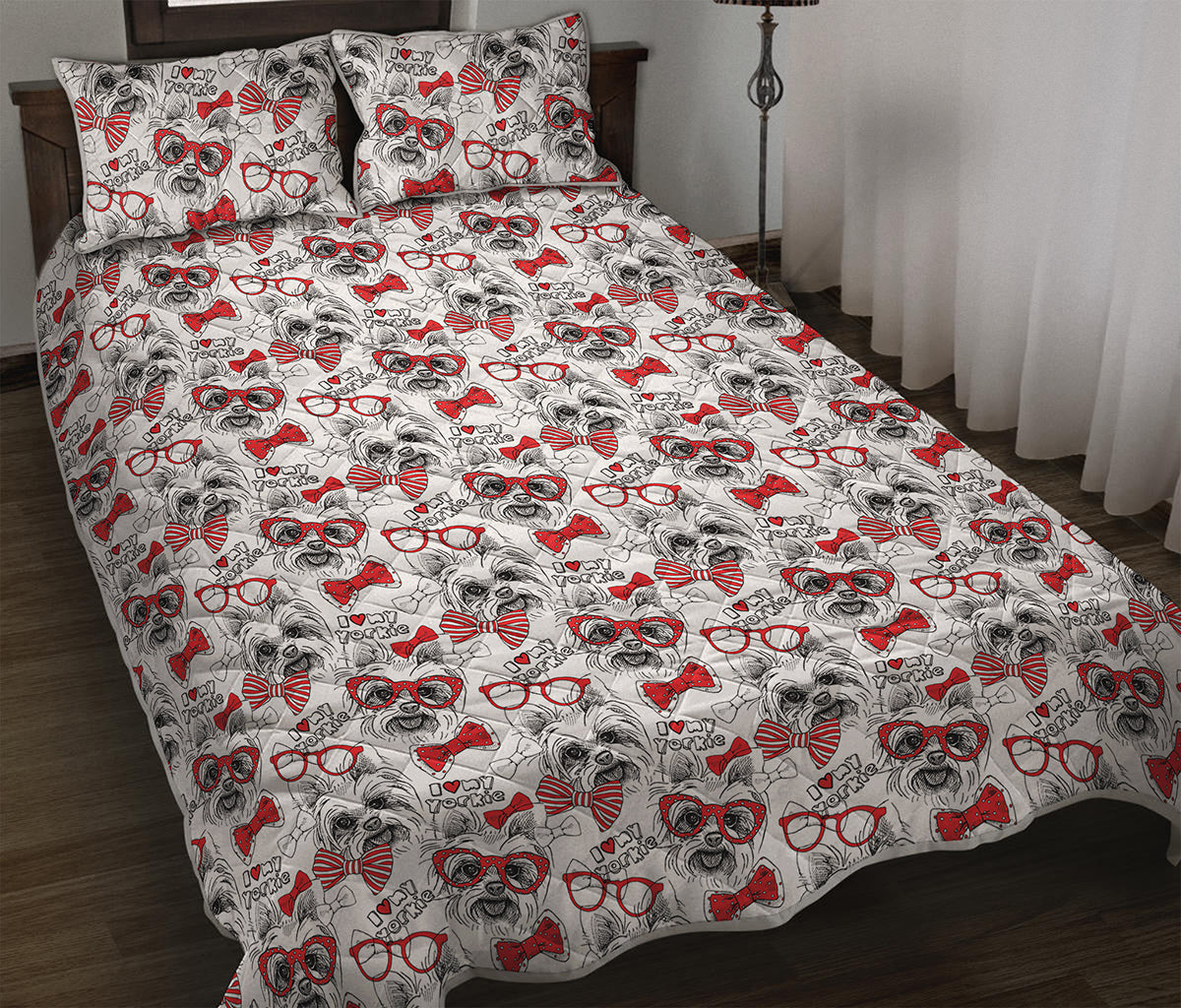 Lovely Yorkshire Terrier Pattern Print Quilt Bed Set