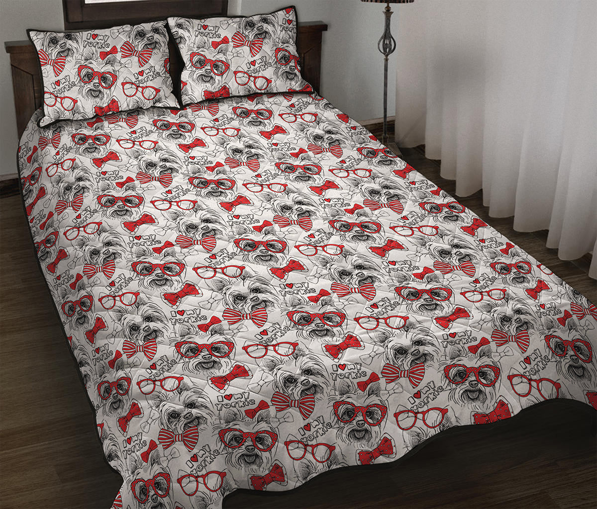 Lovely Yorkshire Terrier Pattern Print Quilt Bed Set