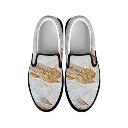 Lycoptera Fish Fossil Print Black Slip On Shoes