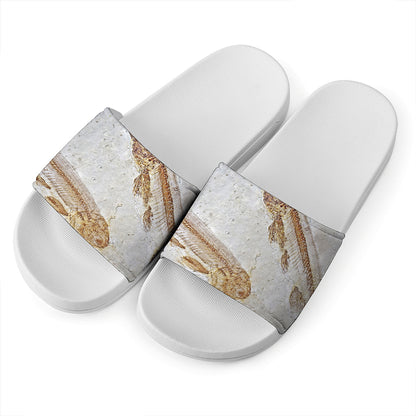 Lycoptera Fish Fossil Print White Slide Sandals