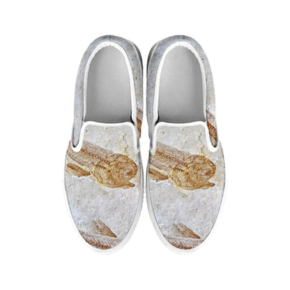 Lycoptera Fish Fossil Print White Slip On Shoes