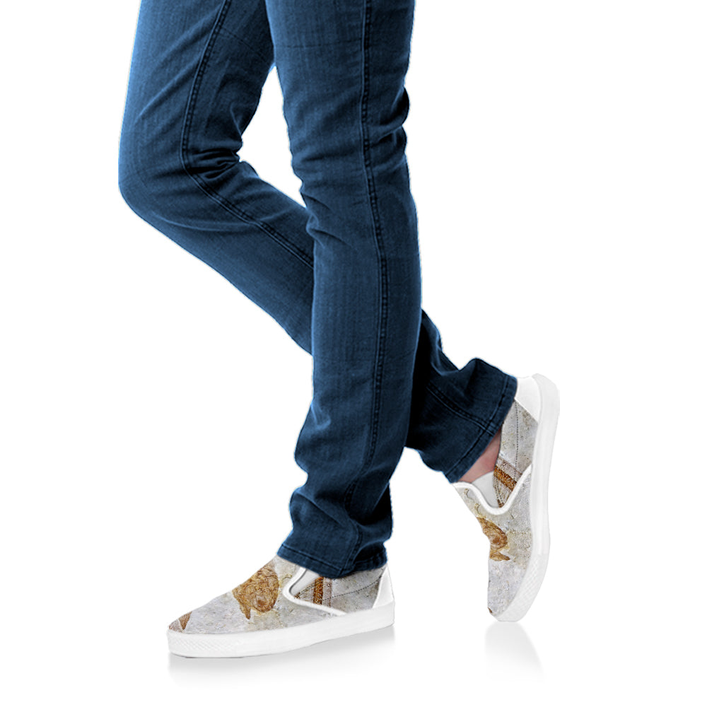 Lycoptera Fish Fossil Print White Slip On Shoes