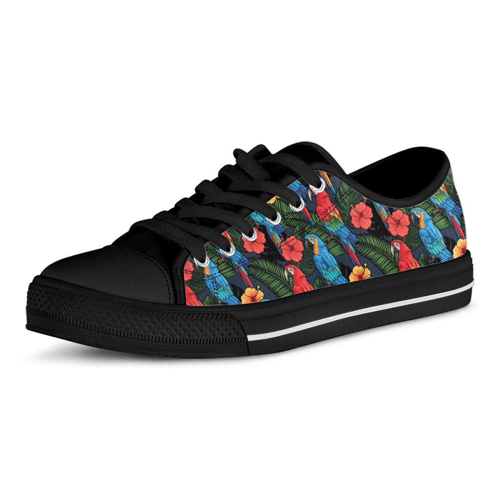Macaw Parrot Pattern Print Black Low Top Shoes