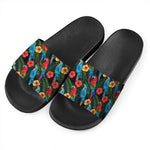Macaw Parrot Pattern Print Black Slide Sandals