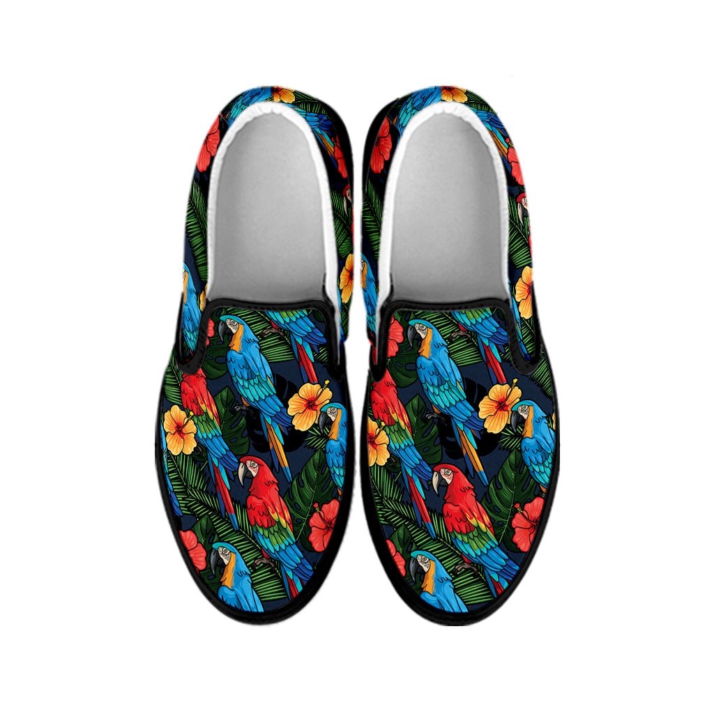 Macaw Parrot Pattern Print Black Slip On Shoes