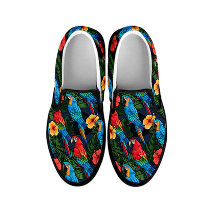 Macaw Parrot Pattern Print Black Slip On Shoes