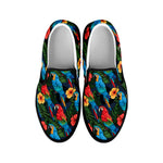 Macaw Parrot Pattern Print Black Slip On Shoes
